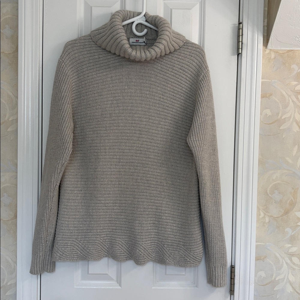 Vineyard Vines Cotton Cashmere Blend Turtleneck Sweater with Scalloped Hem